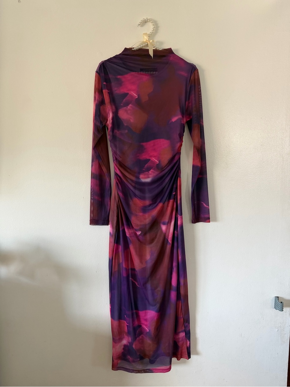 Ruched Long Sleeve Purple & Pink Printed Maxi Dress